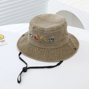 Detail of kids bucket hat with excavator embroidery and adjustable chin strap