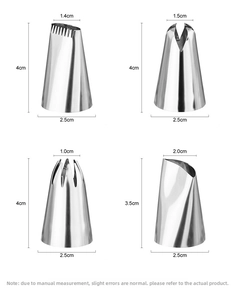 Macro shot of four stainless steel piping tip styles with specific size measurements