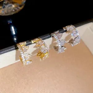 Luxury Copper C-Shaped Zirconia Hoop Earrings With 925 Sterling Silver Post Irregular Inlaid Geometric Earrings For Women