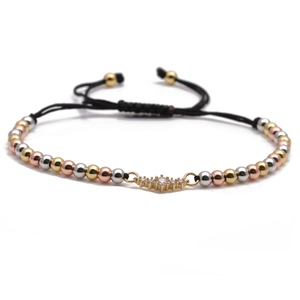 Three-tone beads braided bracelet with colorful cubic zirconia geometric centerpiece