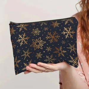 Gold Snowflake Printed Makeup Bag Fine Linen Cosmetic Pouch With Zipper Closure For Travel Storage And Organization