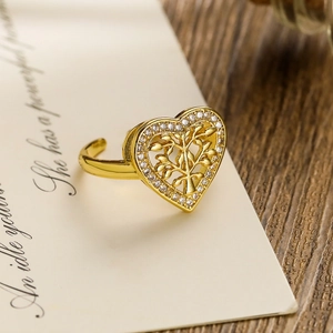 Gold-plated tree of life heart-shaped adjustable ring with sparkling cubic zirconia stones