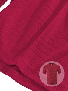 Detail view of the red waffle knit fabric texture on a men's casual polo shirt