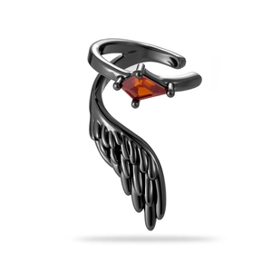 Unique gun-metal wing ear cuff for women featuring a faceted red geometric gemstone