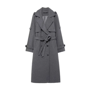 Women Long Woolen Look Overcoat Double Breasted Trench Coat With Belt Elegant Casual Solid Winter Autumn Outwear Grey