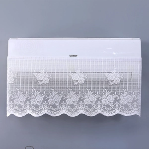 Detailed view of white lace air conditioner cover with floral embroidery and scalloped edges