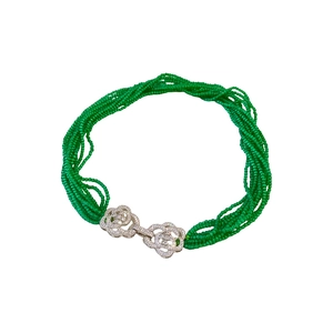 Multi-strand green beaded necklace featuring a crystal camellia flower clasp closure