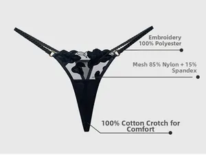 Detailed view of floral embroidery mesh thong with gold ring accents and cotton crotch