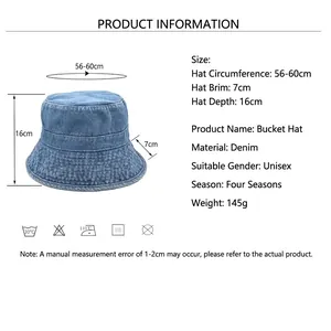 Unisex washed denim bucket hat size guide with measurements and product specifications
