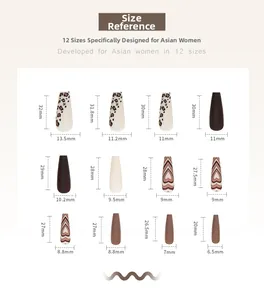 Size chart for long artificial nails showing 12 sizes with heart and leopard patterns