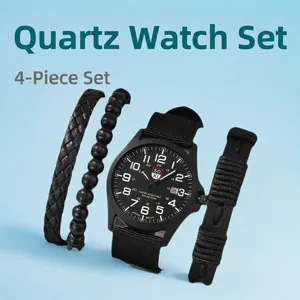 Men Fashion Business Quartz Watch Set With 3Pcs Leather Braided Beaded Bracelets Calendar Faux Three Eye Wristwatch Gift Set