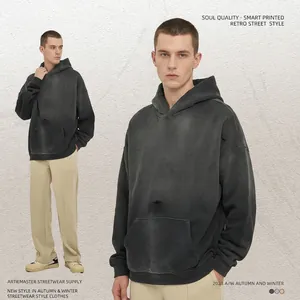 Heren oversized hoodie in gewassen donkergrijs met vintage details en distressed randen