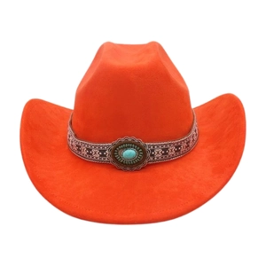 Detail view of bright orange western cowboy hat with ethnic turquoise beaded band decoration