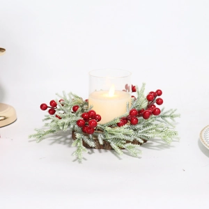 Frosted pine needle Christmas candle ring with LED candle on natural wood base