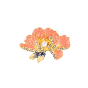 Elegant Peony Flower Pearl Brooch with Pink Enamel and Sparkling Rhinestones on Gold Plating