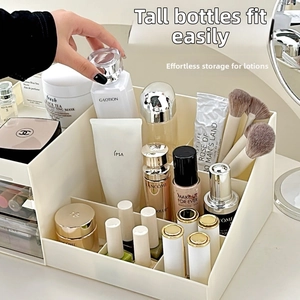 Detail view of drawer-style makeup organizer with divided sections for skincare and brushes