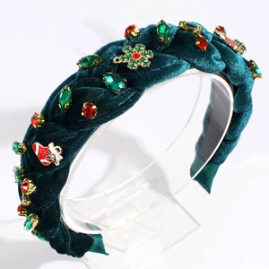 Detail of dark green velvet braided headband with rhinestones and Christmas charms