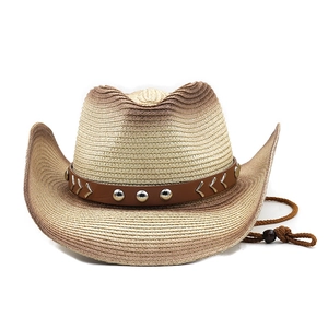 Close-up of Western straw hat featuring a studded leather band and gradient finish