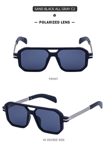 Detail view of square sand black double bridge polarized sunglasses with gray lenses