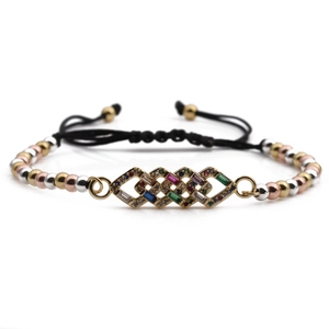Adjustable woven bracelet with tricolor metal beads and geometric colorful zircon charm