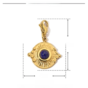 Detailed view of evil eye stainless steel pendant with 26mm height and 17mm width