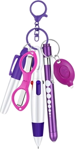Close-up of a 6-piece purple nurse pen set with foldable scissors and LED flashlight