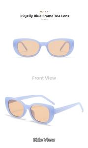 Detailed front and side views of vintage jelly blue cat-eye sunglasses with tea lenses
