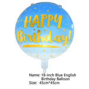 Detail of 18 inch blue foil balloon with metallic gold Happy Birthday lettering and sequins