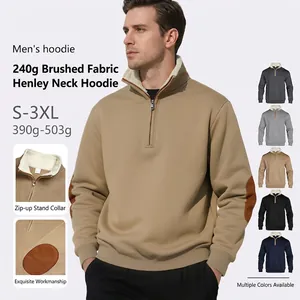 Men's vintage quarter-zip fleece sweatshirt with stand collar and elbow patches
