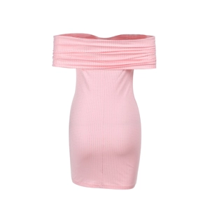 Detail of pink off-shoulder mini dress with shimmering rhinestones and bodycon fit