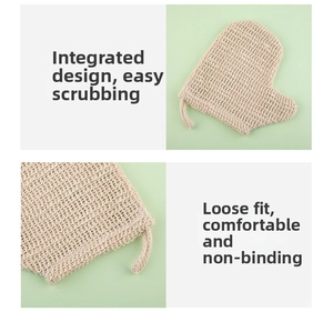Detail view of integrated beige linen exfoliating glove with mesh texture and thumb opening