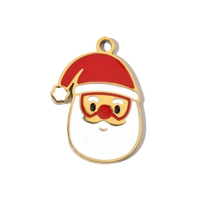 Detailed close-up of a Santa Claus enamel pendant in red and white with a gold-tone loop