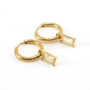 Boucles d'oreilles créoles en acier plaqué or 18K avec pendentifs rectangulaires en zircon