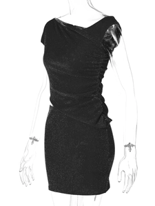 Detail of black shimmering fabric with side ruched texture and asymmetric neckline