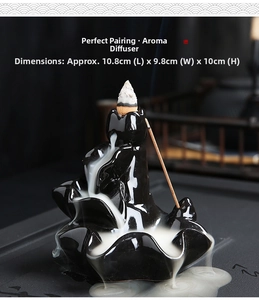 Ceramic lotus backflow incense burner showing dimensions 10.8x9.8x10cm with smoke effect