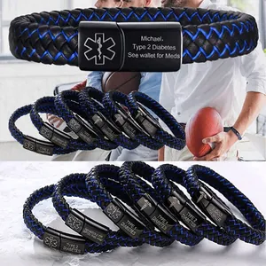 Bracelet Alerte Médicale Hommes Diabète Anticoagulant Étoile De Vie Cuir Tressé Acier Inoxydable Boucle Magnétique