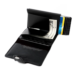 Detail view of ultra-thin RFID blocking wallet with pop-up card slot and cash compartment