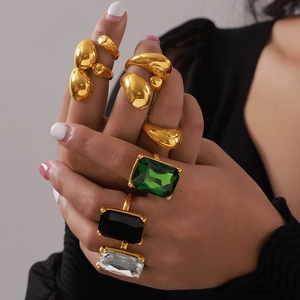 Gold geometric ring set with emerald green and clear rectangle crystals for women