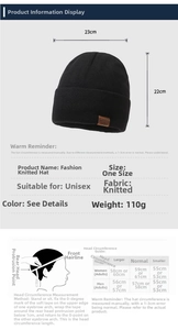 Size chart for knit beanie showing dimensions of 23x22cm and detailed head circumference guide