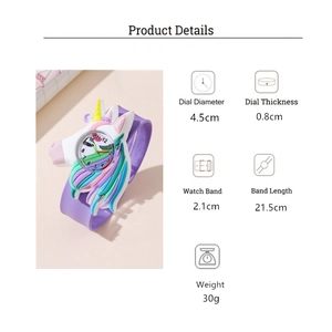 Detailed specs of unicorn slap watch with 4.5cm dial and 21.5cm silicone strap dimensions