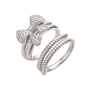 Silver bow ring set with sparkling zircon crystals and twisted rope band design