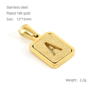 Detail view of 18K gold plated stainless steel letter A pendant with dimensions and weight