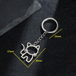 Polished stainless steel cat keychain with hollow design and silver keyring 30mm