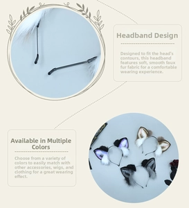 Detail of plush faux fur animal ears headband with soft texture and metal frame