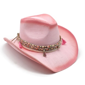 Pink gradient straw cowboy hat with bohemian beaded trim and tassels for summer beach