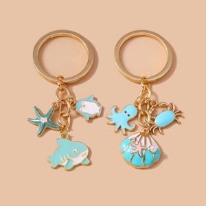 Cute Cartoon Marine Animal Keychain Gold Enamel Whale Shark Starfish Shell Octopus Artificial Pearl Rhinestone Bag Pendant