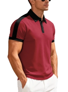 Detail of color-block polo shirt featuring dark red cotton fabric and black contrast collar