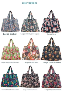Collage of nine floral print waterproof nylon shopping bags in various patterns