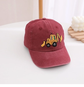 Close-up of a burgundy washed cotton baseball cap for boys with yellow excavator embroidery