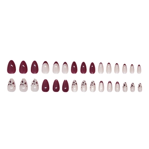 Almond press-on nails set with burgundy wine red, cream white and leopard print patterns